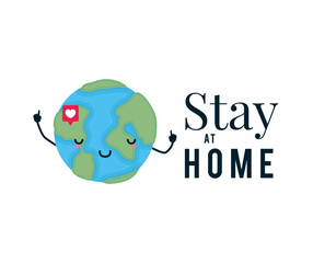 Stay at home text world cartoon heart and bubble vector design
