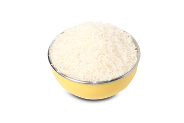Fototapeta na wymiar White rice Thai Jasmine rice in bowl and unmilled rice isolated on white background
