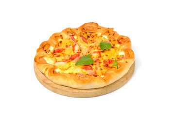 Delicious italian pizza with Mozzarella cheese, salami, pepper, Spices and Fresh spinach. Italian pizza isolated on white background.