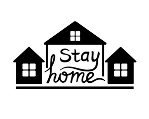 Small cute houses with windows and lettering - stay at home - black and white vector image. Hand drawing. Three houses and an inscription - stay home.