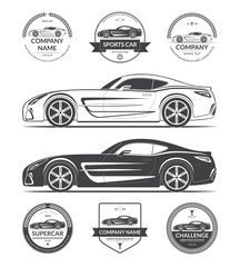 Set of modern sports or super car silhouettes with collection of car service labels, emblems, logotypes. Black vector illustration isolated on white background