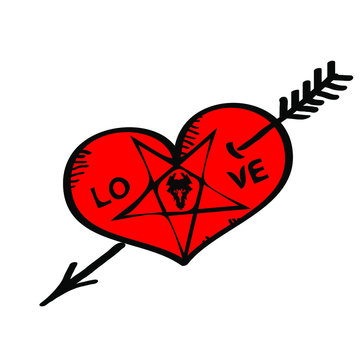 Heart logo sign icon with arrow a symbol of devilish love Modern doodle sketch design style Fashion print for clothes cards picture banner poster for websites. Vector illustration