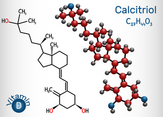 Calcitriol, vitamin D, C27H44O3 molecule. It is hydroxycalciol, member of D3 vitamins and triol.  Structural chemical formula, molecule model