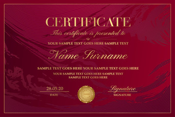 Certificate template with abstract maroon liquid background (marble). Gold design with lines (guilloche pattern) useful for Diploma, certificate of appreciation, achievement and any award
