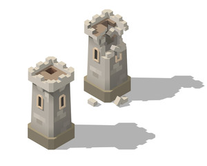 Vector isometric castle towers. New tower and destroyed tower game concept.