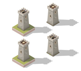 Vector isometric medieval towers. Cartoon game design castle towers set.