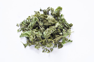 herbal tea, dried green leaves of mint, thyme, linden, oregano, sage on a white background, herbal...