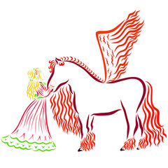 beautiful young princess and pegasus with fiery wings