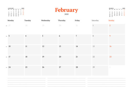 Calendar template for February 2020. Business monthly planner. Stationery design. Week starts on Monday.