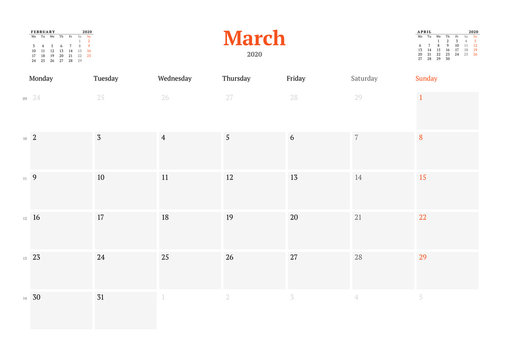 Calendar template for March 2020. Business monthly planner. Stationery design. Week starts on Monday.