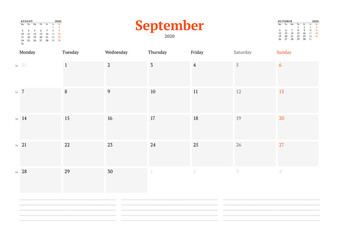 Calendar template for September 2020. Business monthly planner. Stationery design. Week starts on Monday.