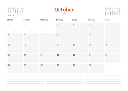 Calendar template for October 2020. Business monthly planner. Stationery design. Week starts on Monday.
