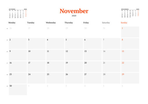 Calendar template for November 2020. Business monthly planner. Stationery design. Week starts on Monday.