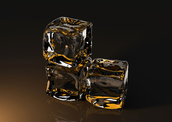 3d render of ice cubes on black background and yellow light