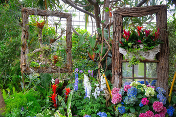 Plants and flowers bloom inside a conservatory, Toronto, Ontario, Canada