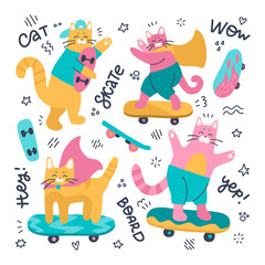 Set of Cat skateboarders and different skateboards. Vector flat illustration Isolated on a white background with doodle decor and lettering