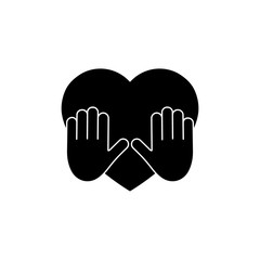 Heart black silhouette icon on the hand isolated on the white background. Voluntary, charity, donation icon