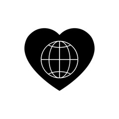 Globe black silhouette icon inside heart vector illustration isolated on white background. Voluntary, charity, donation icon