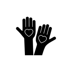 Heart black silhouette icon on the hand isolated on the white background. Voluntary symbol illustration. 