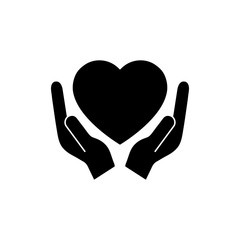 Heart black silhouette icon on the hand isolated on the white background. Voluntary, charity, donation icon