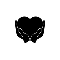 Heart black silhouette icon on the hand isolated on the white background. Voluntary, charity, donation icon