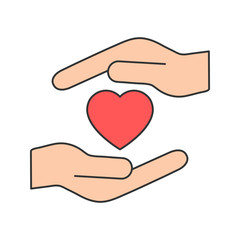 Heart icon on the hand colorful isolated on the white background. Voluntary, charity, donation symbol illustration. 