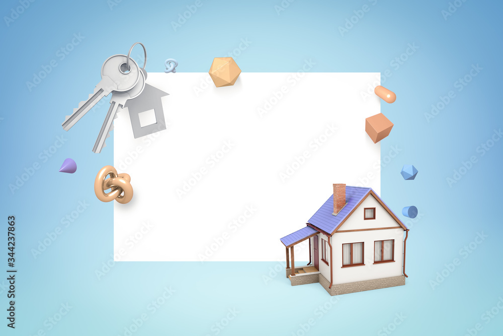 Poster 3d rendering of white copy space with a small cottage standing beside and geometric shapes and house