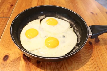 Oeufs au plat dans une poële - Département du Rhône - France
