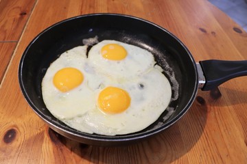 Oeufs au plat dans une poële - Département du Rhône - France