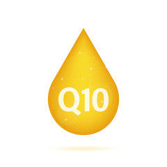 Coenzyme Q10. Gold vector oil icon. Enzyme drop pill capsule. Vector stock illustration.