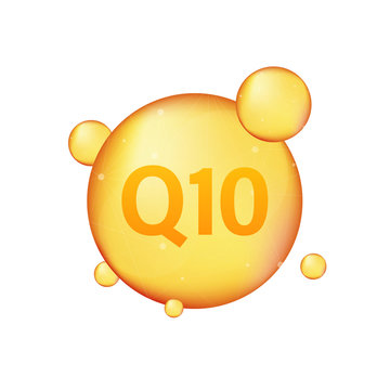 Coenzyme Q10. Gold vector oil icon. Enzyme drop pill capsule. Vector stock illustration.