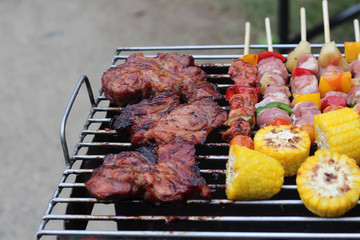 Barbeque Grill Street Food in thailand,Eat outdoors in a happy family.