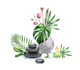 Obraz na płótnie Canvas Watercolor refresher, candle and spa stones arrangement. Tropical bouquet monstera leaves. Interior SPA decoration of grey stone. Realistic illustration isolated on white background