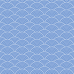 Blue and white seamless waves, linear design. Traditional japanese pattern. Seigaiha vector illustration.