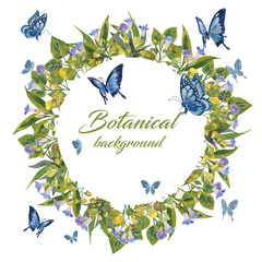 Water color blue morning glory flower botanical style circle design with blue butterfly on white background illustration vector. Suitable for Valentine's day and wedding design elements.