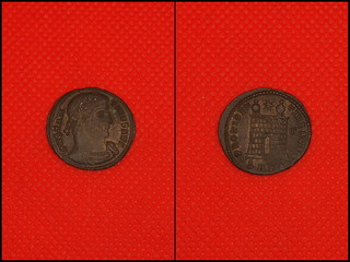 Roman coins on red background. Front and back. Roman. Emperor