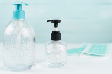 Hand sanitizer gel for hand hygiene corona virus and bacteria protection. Surgical mask and alcohol gel for covid-19