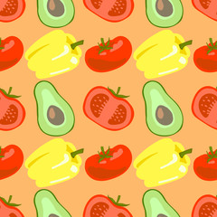 Pattern of vegetables. Vector images of sweet pepper, tomato and avocado