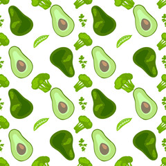 Pea, cilantro, broccoli and avocado seamless pattern. Vector pattern of vegetables