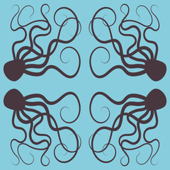 Drawing of a brown octopus in mirror reflection on blue background