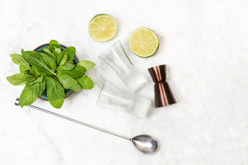 Vasos de chupito con lima y menta sobre un fondo de mármol blanco. Vista superior. Copy space