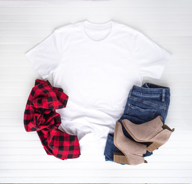 Christmas Shirt Mockup - White Tshirt With Buffalo Plaid Scarf, Boots & Jeans