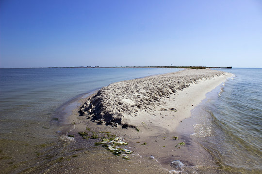 Sandy Kinburn Spit, Ukraine. Beautiful summer landscape - estuary and the Black Sea, background