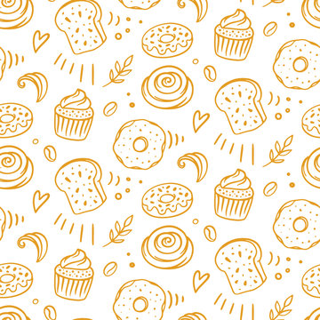 Pastry, sweet bakery seamless pattern with baked goods