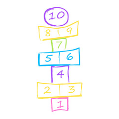 Hopscotch. childrens game drawn with colored chalks.playground with numbers.isolated on white background. hand drawing