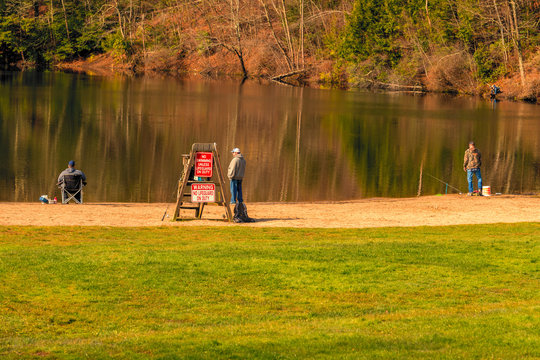 Fishermen practicing social distancing during the corona virus pandemci.