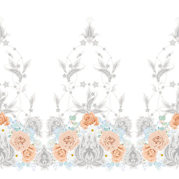 Seamless Vintage Border With Peach Roses