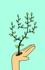 trendy vector handmade picture 
green tree growing out of hand. Beginning of a new life. joy of birth. Earth Day