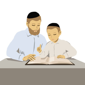 A painting of Orthodox religious father and son studying Torah.
Vector illustration of 2 flat figures with buttoned shirts and caps.