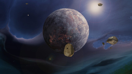 Asteroids in space on their way to hit earth in a fantasy doomsday world